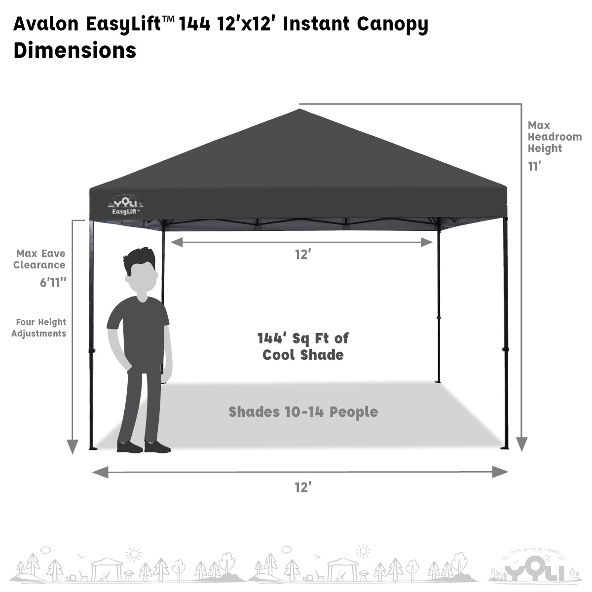 YOLI Avalon EasyLift™ 144 12’x12’ Instant Canopy - Charcoal Gray